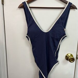 Smokey Blue Scoop V‑Neck One‑Piece Swimsuit with White Trim